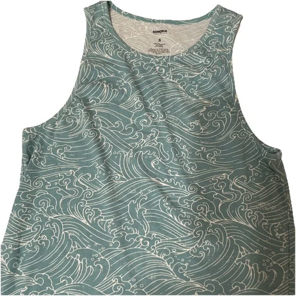 Sonoma Women's Tank Top Small Ocean Green Wave Print Sleeveless Shirt - Picture 2 of 5